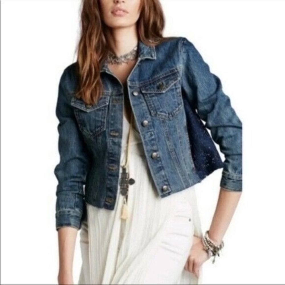 Free People Lace Panel Jean Jacket Size M